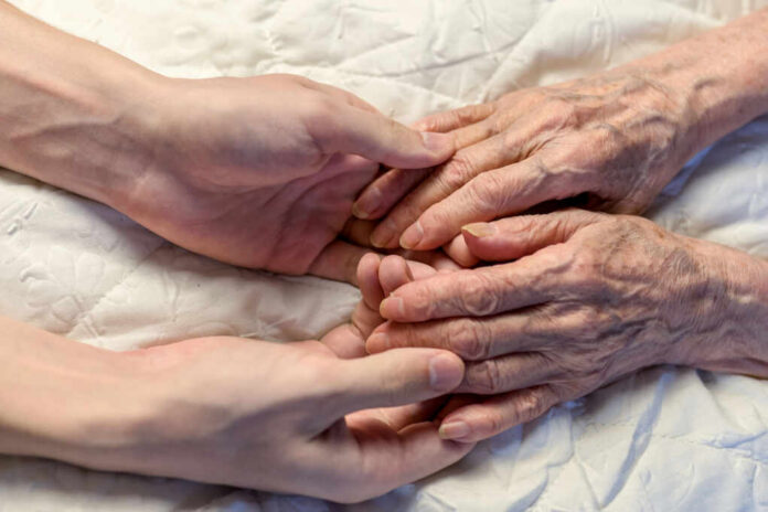 A younger persons hand gently holding an elderly persons hand on a quilted surface