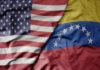 Close-up of the flags of the United States and Venezuela overlapping
