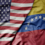 Close-up of the flags of the United States and Venezuela overlapping