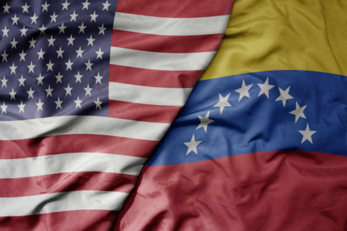 shutterstock2335024971jpg Close-up of the flags of the United States and Venezuela overlapping