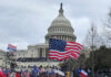 Crowd of protesters with American flags in front of the Capitol building