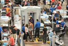 Busy airport security checkpoint with passengers being screened