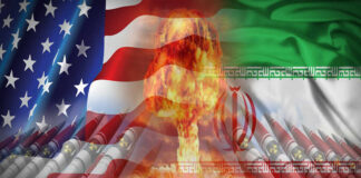 A composite image featuring the US and Iranian flags with a nuclear explosion and missiles