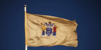 New Jersey state flag waving against a clear blue sky