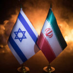 Flags of Israel and Iran displayed against a smoky background