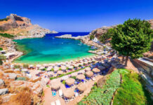 A picturesque beach with turquoise water and sun umbrellas