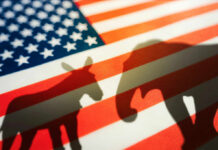 Shadows of a donkey and elephant on an American flag