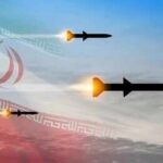 Missiles launching against a backdrop of the Iranian flag