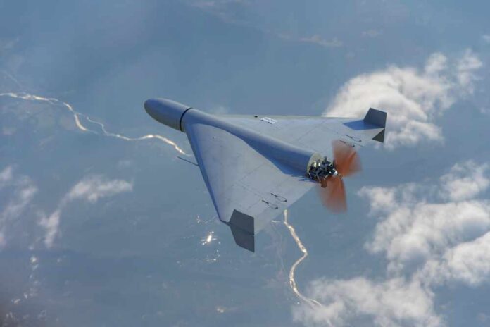 A drone flying high above the clouds with a visible propeller