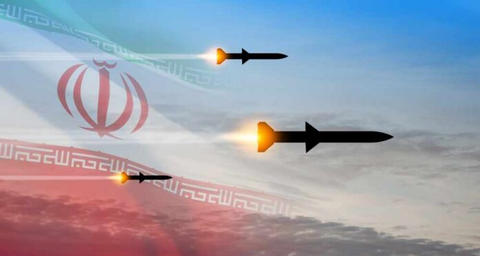 Three missiles launching against a backdrop of the Iranian flag