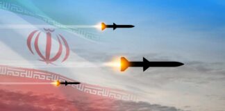 Three missiles launching against a backdrop of the Iranian flag