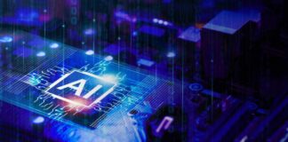 Close-up of a circuit board with an AI symbol and digital effects