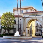 Entrance gate of Paramount Pictures studio with a fountain