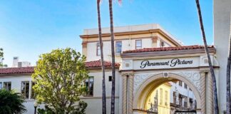 Entrance gate of Paramount Pictures studio with a fountain