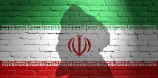 Silhouette of a figure against the Iranian flag painted on a brick wall