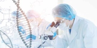 Scientist examining samples under a microscope in a laboratory