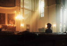 Unseen Truth Behind Viral Church Stunt A solitary figure sitting in a church with soft lighting and candles