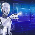 A humanoid robot interacting with a digital interface displaying data and graphs