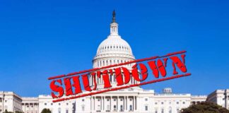 U.S. Capitol building with the word 'SHUTDOWN' superimposed in red