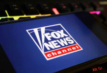 Close-up of a digital screen displaying the Fox News Channel logo