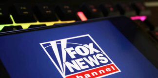 Close-up of a digital screen displaying the Fox News Channel logo
