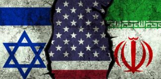 Flags of Israel, the United States, and Iran depicted on a cracked surface