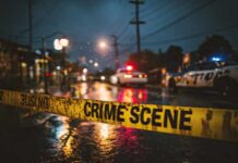 Police cars at a crime scene with caution tape in the foreground