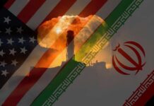 An artistic representation of the US and Iran flags with a nuclear explosion in the background