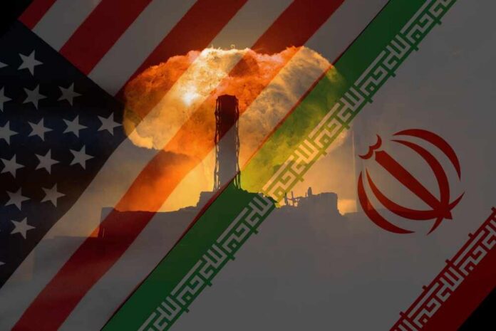 An artistic representation of the US and Iran flags with a nuclear explosion in the background