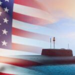 $348 Billion Submarine Gamble: Taxpayers on Edge A submarine partially submerged in water with an American flag overlay