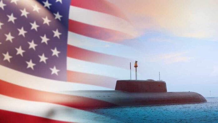A submarine partially submerged in water with an American flag overlay