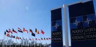 Flags of various nations displayed outside NATO headquarters under a clear blue sky