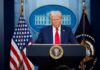 Trump’s Angel Moms: Tribute or Political Stagecraft? A political figure at a podium during a press conference in front of the White House