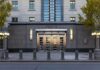 Entrance of the United States Embassy with modern architecture
