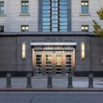 Entrance of the United States Embassy with modern architecture