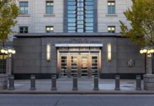 Entrance of the United States Embassy with modern architecture