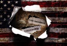 Hollywood Star REJECTS GOP: SAVE Act Blocked Torn paper revealing the 14th Amendment and the word Citizenship against an American flag background