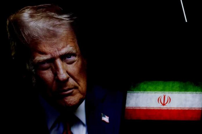 Close-up portrait of a political figure with the Iranian flag in the background