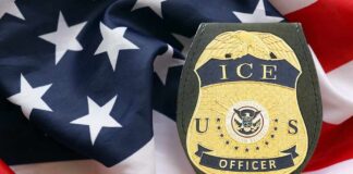 ICE officer badge displayed on an American flag background