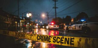 Police cars at a crime scene with caution tape in the foreground