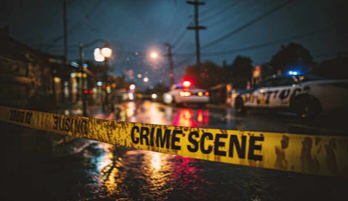 Yellow,Crime,Scene,Tape,Blocks,A,Wet,Street,At,Night Police cars at a crime scene with caution tape in the foreground
