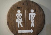 Wooden restroom sign indicating mens and womens facilities with directional arrow