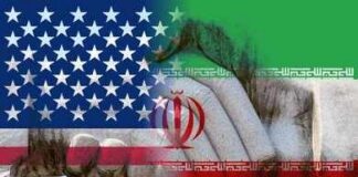 Handshake overlaid with United States and Iran flags