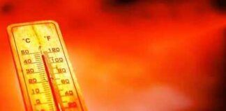 Thermometer showing high temperature against a red hot background