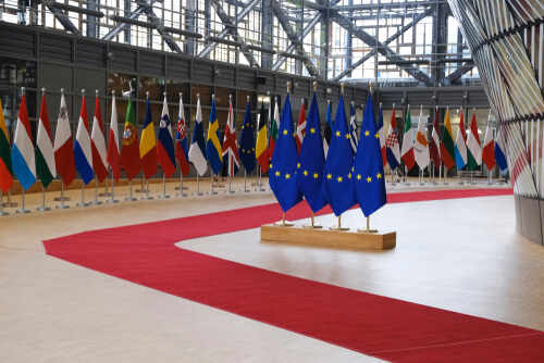 Brussels,,Belgium.,28th,May,2019.,Eu,Flags,In,Eu,Council Flags of European countries displayed in a modern hall with a red carpet