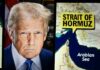 A political figure next to a map highlighting the Strait of Hormuz