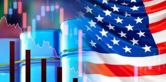 Oil barrels with U.S. flag and financial charts