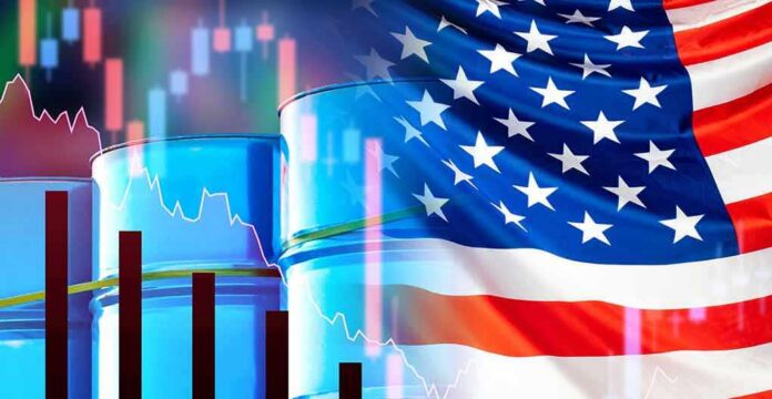 Oil barrels with U.S. flag and financial charts