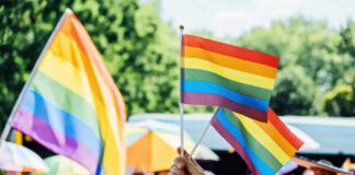 A hand holding rainbow flags at a pride event with a crowd in the background