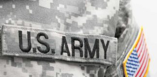 military uniform with embroidered name tape and flag patch